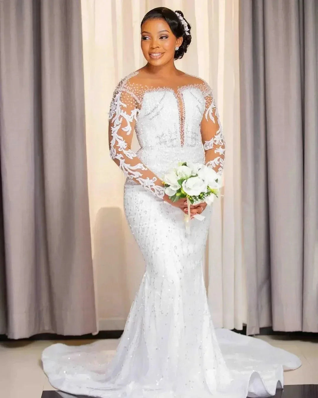 Luxurious wedding dress sheer neck long illusion sleeves crystal sequins bridal gown