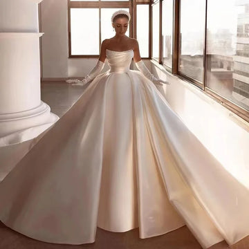 Customized Gorgeous Wedding Dresses Modern Elegant Pearls Princess Bridal Gowns With Bow Satin Plus Size Vestidos De Novia