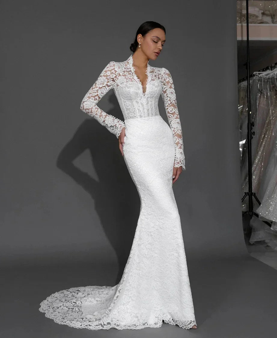 Classic lace mermaid wedding dress long sleeves V-neck pearls buttons elegant bridal gown