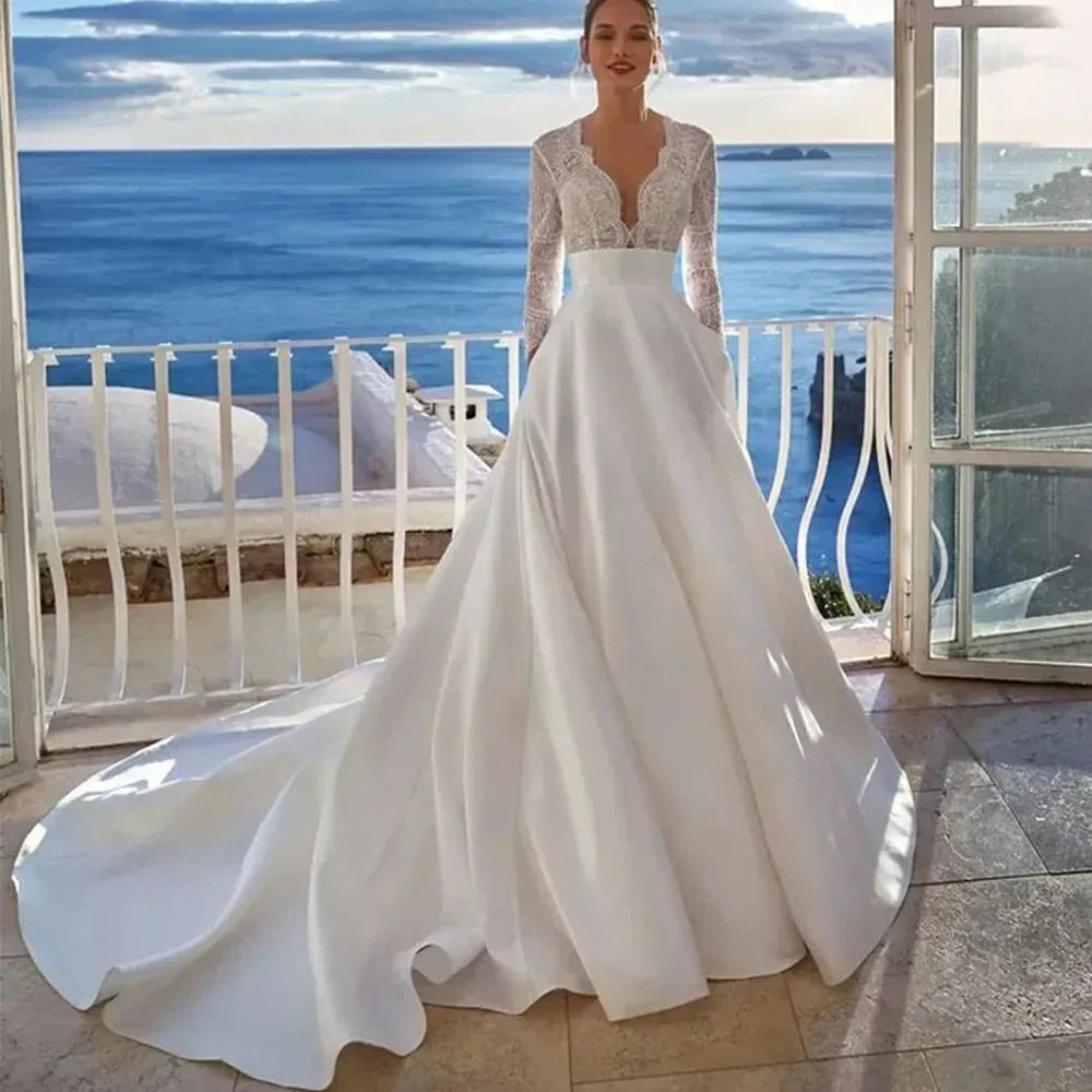 Luxury modern V-neck full sleeves illusion tulle A-line button backless wedding dress bridal gown