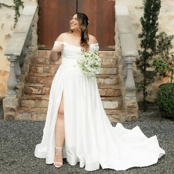 Simple A-line Wedding Dresses Women Off The Shoulder Plus Size Split Satin Bridal Gown Vestidos De Noiva Customized