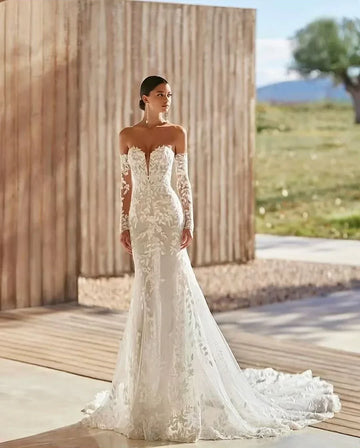 Customized Elegant Lace Appliques Mermaid Wedding Dresses for Bridal Detachable Long Sleeves Sweetheart Vestido de novia