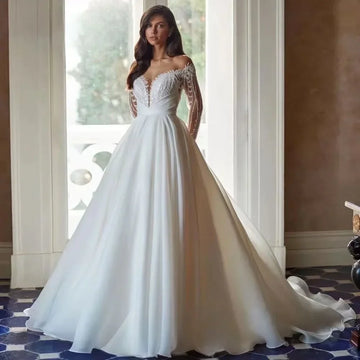 Customized Luxury Illusion Beaded Wedding Dresses Long Sleeve Organza A Line Lace Appliques Bridal Gown vestidos de novia