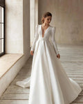 Classic Elegant Wedding Dresses A-Line Satin Bridal Gowns V-Neck Long Sleeves Robes For Formal Party 2024 Vestidos De Novia As pics