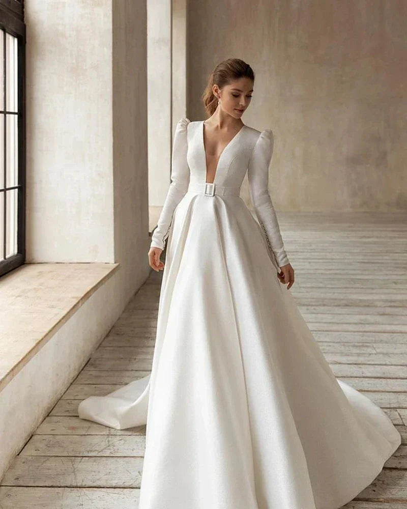 Classic Elegant Wedding Dresses A-Line Satin Bridal Gowns V-Neck Long Sleeves Robes For Formal Party 2024 Vestidos De Novia As pics
