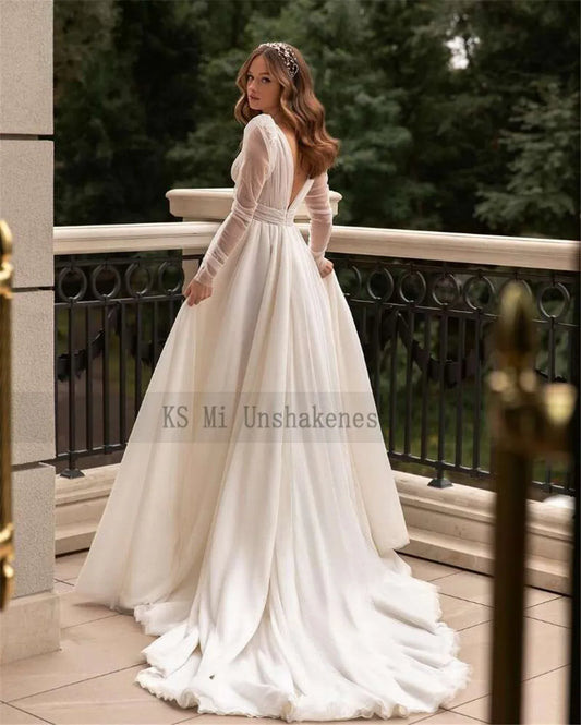 Modest Glitter Long Sleeve Wedding Dresses 2022 V Neck Backless Bride Dress Buttons Split Beach Wedding Gowns Robe de Mariage