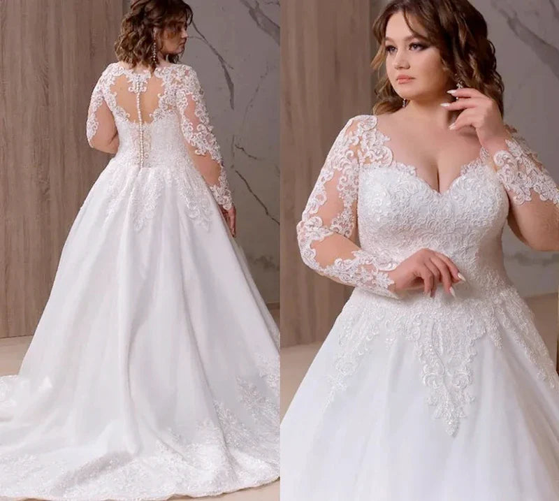 Plus size A-line wedding dress bridal gown V-neck long illusion sleeve lace appliqued sweep train
