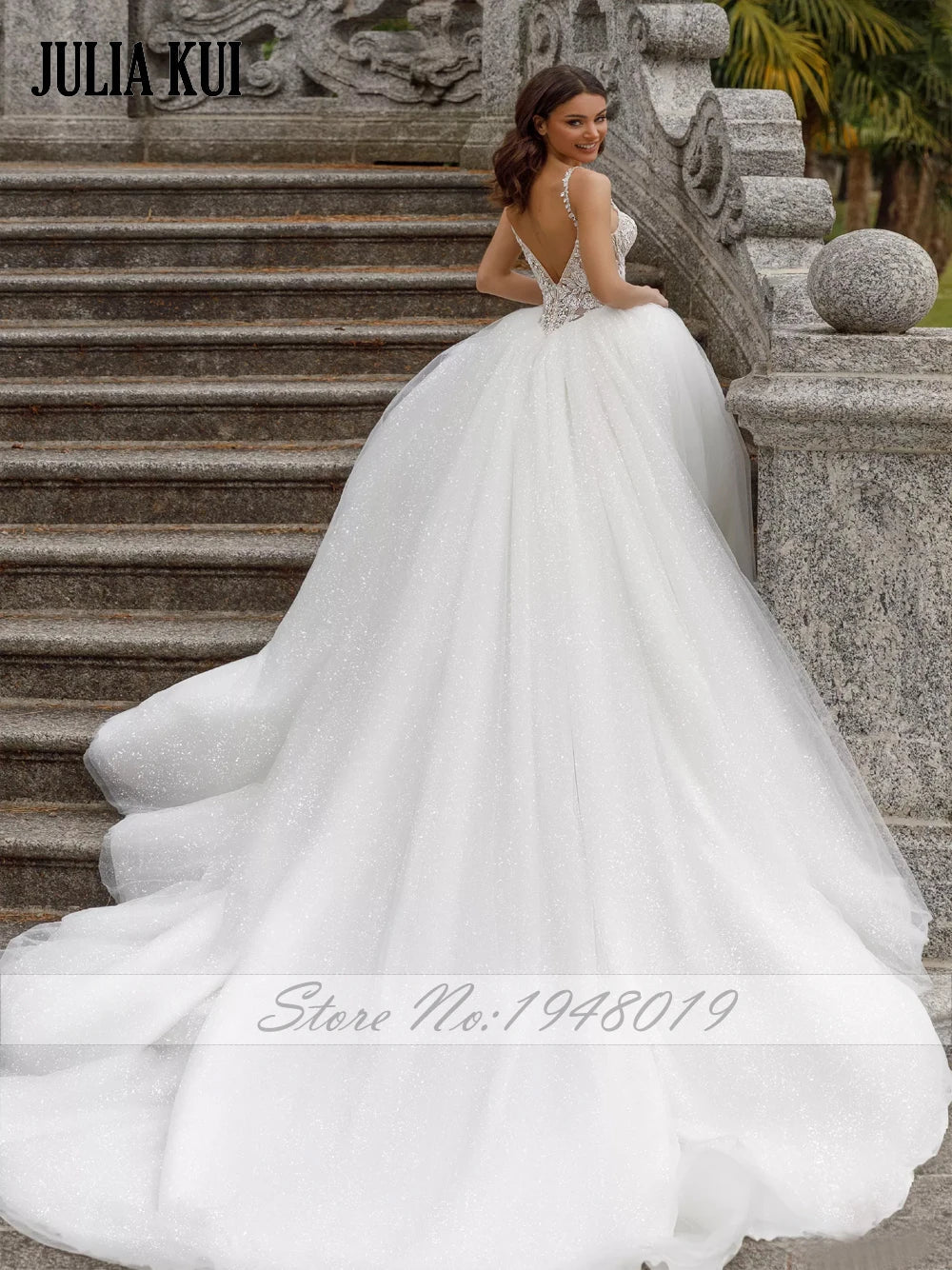 Julia Kui NEW ARRIVAL Sweetheart Neck A Line Wedding Dresses Sparkle Skirt With Spaghetti Strap