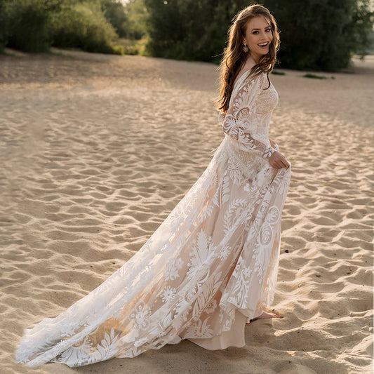 Customized Long Puffy Sleeves Allover Lace Boho Elopement Bridal Gowns A Line V Neck Tassel Bohemian Beach Modest Wedding Dress