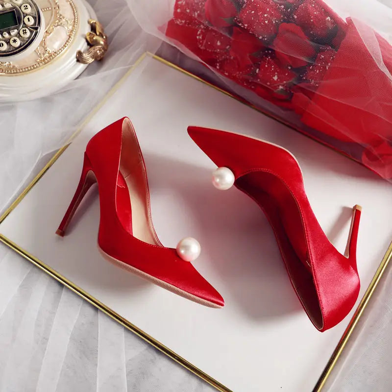 Summer New Elegant Ladies Bridal Wedding Party Shoes Pearl Satin Pumps Fashion Versatile Wedding High Heels Solid Color