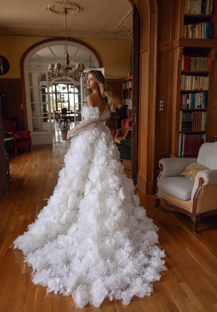 Customized Sharon Said Luxurious Off Shoulder White Satin Wedding Dress Romantic 3D Flowers Long Glove Bride Gowns