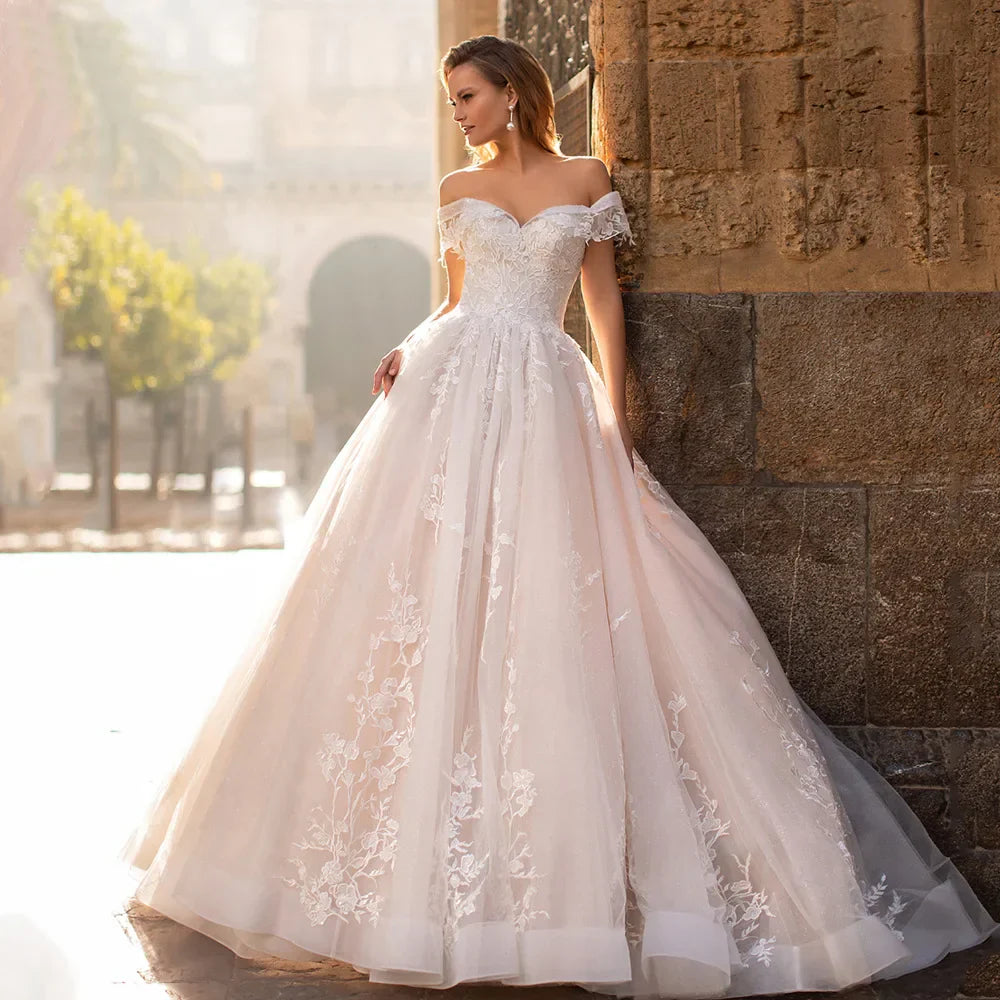 Vintage ball gown wedding dress 2026 off-the-shoulder 3D flowers lace applique tulle bridal gown