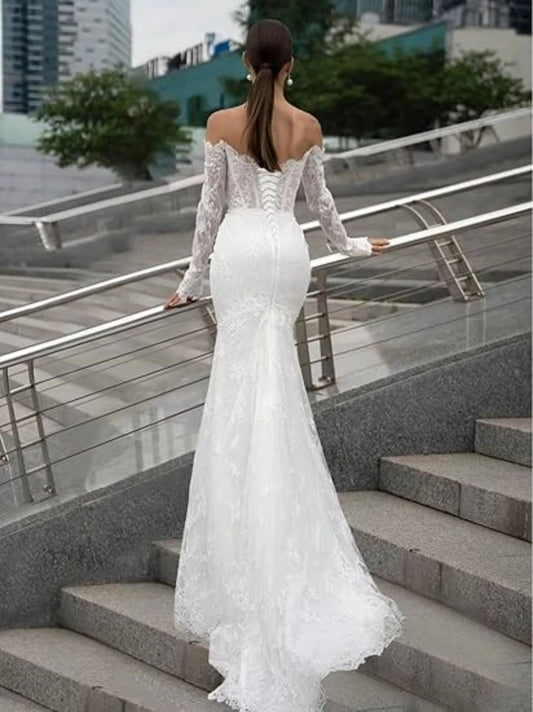 Lace Applique Mermaid Wedding Dresses for Bride Off Shoulder Long Sleeves Outdoor Beach Princess Wedding Gowns Dress