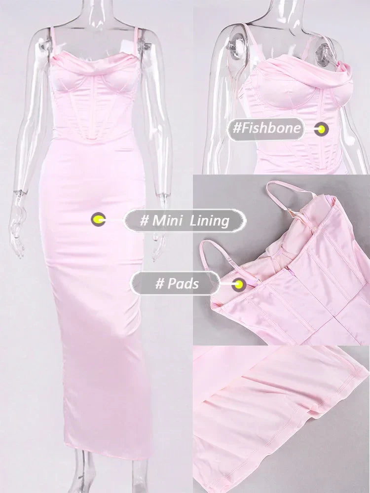 Elegant pink slit bodycon summer satin corset maxi wedding guest event night party dress close-up