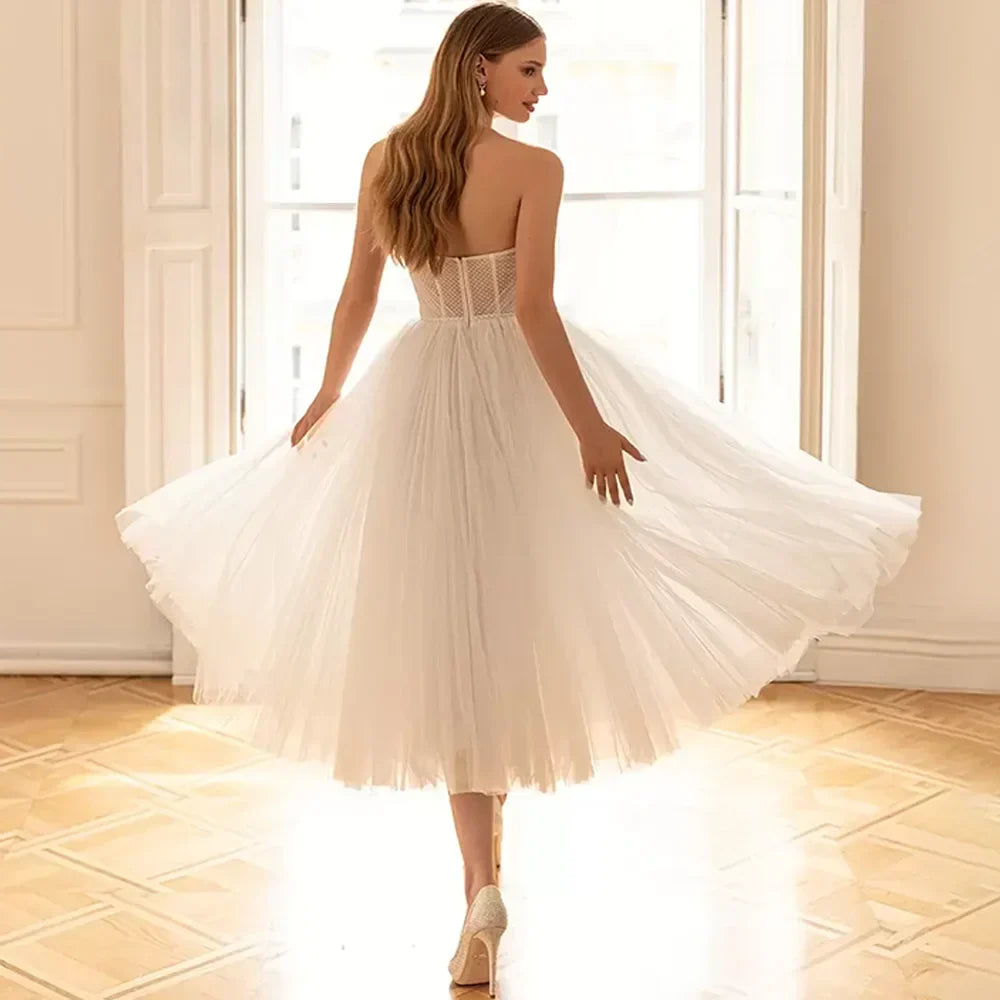 Sweetheart Short Wedding Dresses Sleeveless Mid-Calf Tulle Simple A-Line Bride Gowns Backless Zipper - Image 2