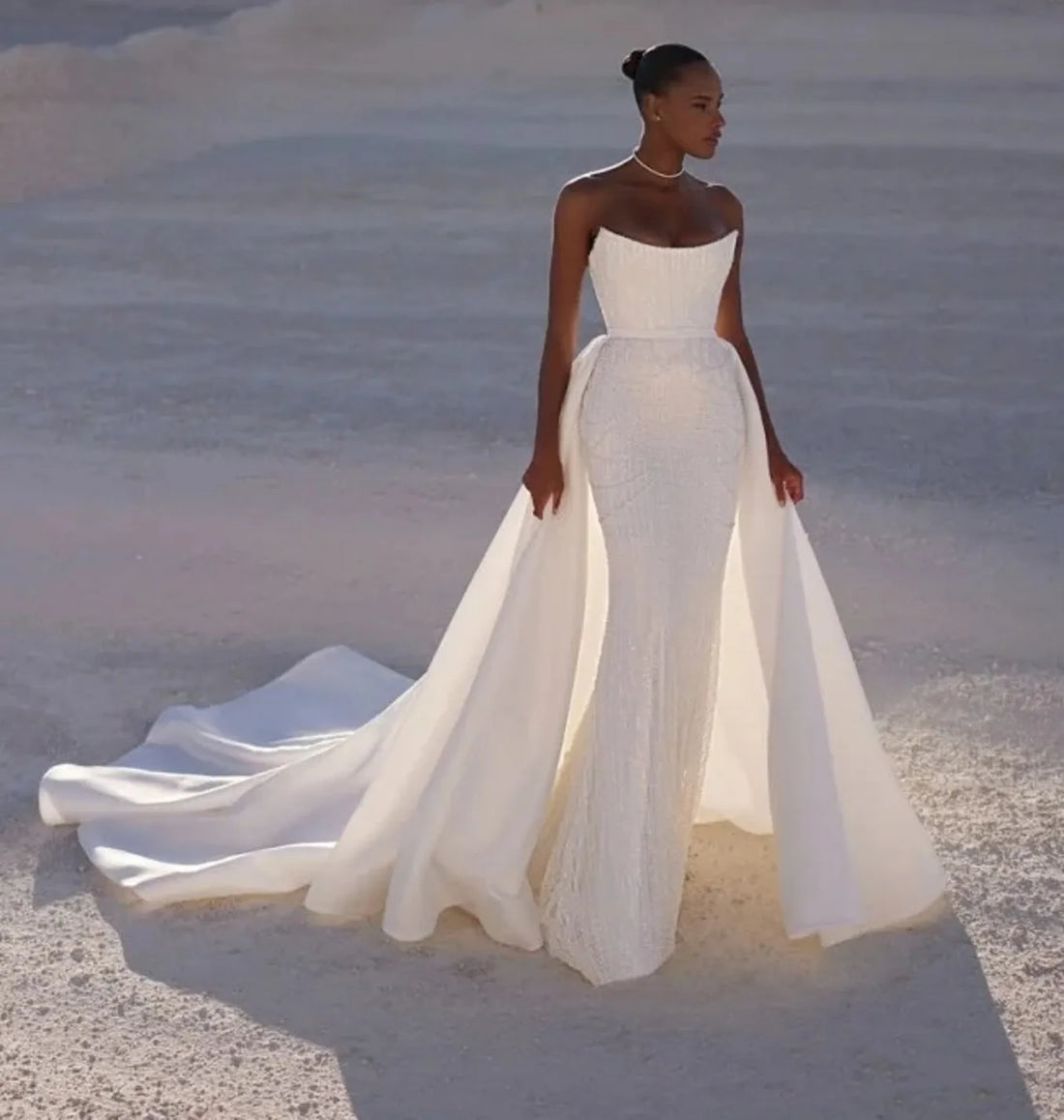 Luxury sequins mermaid wedding dress detachable train strapless beads lace-up African bridal gown