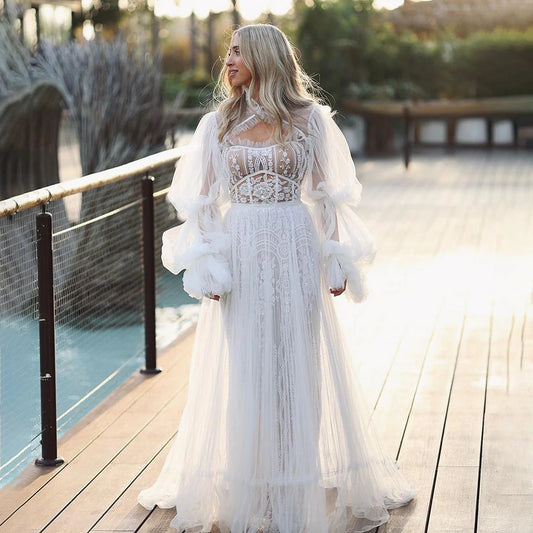 Boho Detachable Long Puff Sleeves Appliqued Customized Wedding Dress A Line Hippie Sweetheart Lace Beading Illusion Bridal Gown