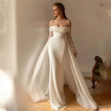 Sexy Glitter Mermaid Wedding Dresses Detachable Train Long Sleeve Bride Dress Custom Shiny Bodycon Wedding Gowns off Shoulder