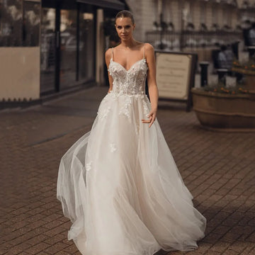 Customized Lace Applique Wedding Dress Illusion Corset Tulle Spaghetti Strap Wedding Gown Women Bohemia A Line Bridal Dress