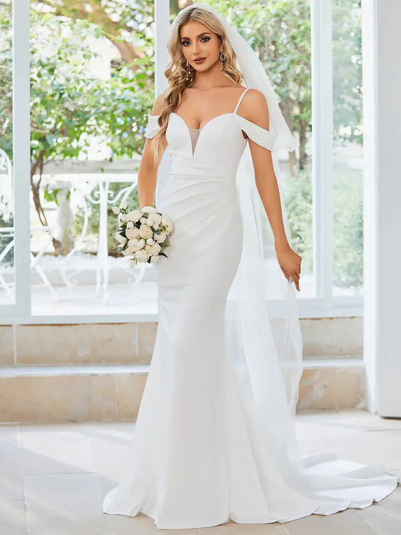 Elegant Wedding Dresses Off Shoulder Deep V-neck High Stretch Hidden zipper Ever Pretty 2024 of Mermaid A-line White Dresses White