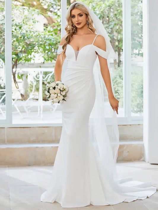 Elegant Wedding Dresses Off Shoulder Deep V-neck High Stretch Hidden zipper Ever Pretty 2024 of Mermaid A-line White Dresses White
