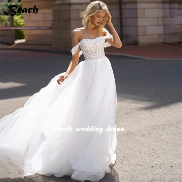 BEACH Elegant Lace Appliques Off The Shoulder Wedding Bridal Gowns Backless A-Line Sweep Train Bride Dress vestidos largos