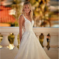 Fascinating A-line lace V-neck backless sleeveless tulle bridal gown front view