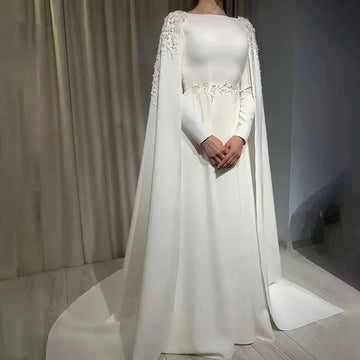 customized Elegant Arabic Soft Satin Muslim Wedding Dress Cape Long Sleeves A Line O Neck Bride Dress Appliques robe de mariee