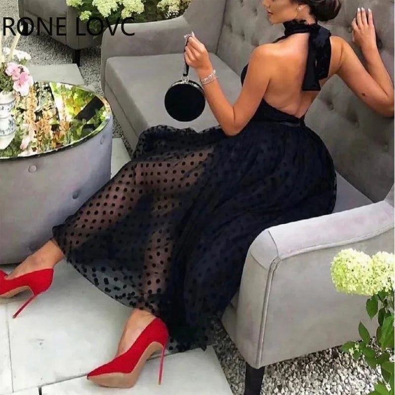 Polka dot halter sleeveless solid A-line midi sexy party black dress women side view
