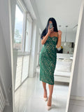 Elegant green midi lace spaghetti strap sexy wedding guest evening birthday party dress back view