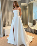 Simple strapless satin wedding dress sexy high side slit backless floor length elegant bridal gown