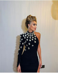 Black one shoulder shining diamonds long bandage elegant woman evening red carpet party dress side view