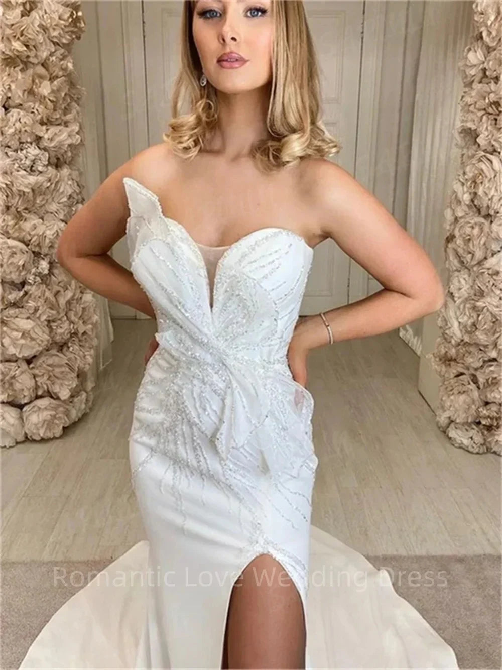 Strapless beading side slit sexy graceful mermaid custom made wedding dress bridal gown ivory