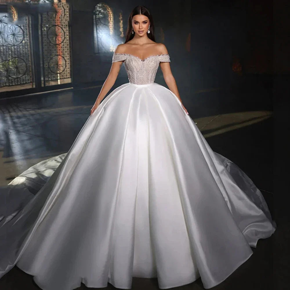 Glittering beads one-shoulder satin gorgeous A-line sleeveless princess wedding party gown side view
