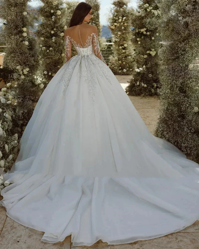 Classic sexy ball gown scoop neck long sleeves beading shiny princess appliques wedding dress back view