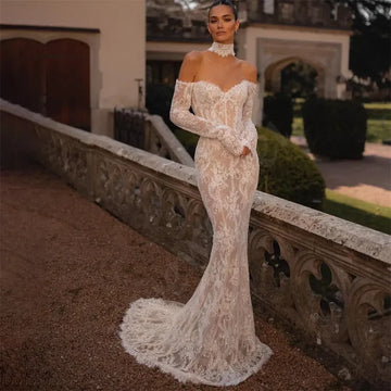 Sexy Backless Lace Mermaid Wedding Dresses Off The Shoulder Long Sleeves Bridal Gowns Illusion Champagne Lining Bride Dress 2026