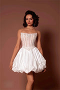 Strapless beads pearls taffeta mini princess elegant short beach wedding dress bridal party gown ivory