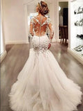 Luxury lace mermaid Dubai Arabic V-neck see through long sleeve appliques bridal gown front