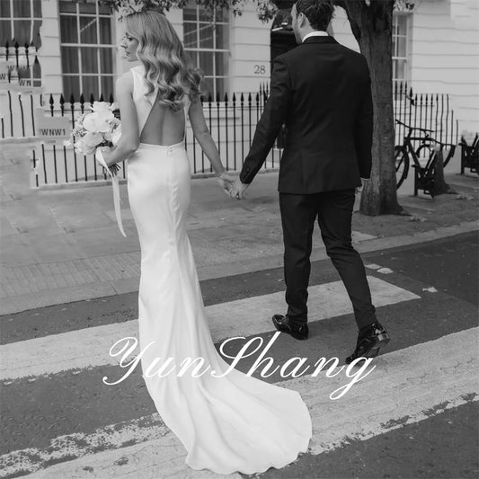 Yunshang Elegant Mermaid Wedding Dress Sleeveless Open Back Pleat Scoop Collar Split Bridal Gown Sweep Train Vestido De Novia