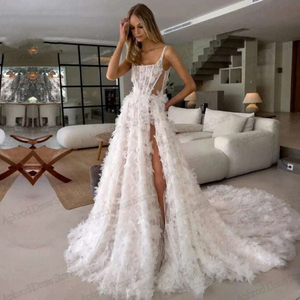 Luxury Bride Dresses For Formal Wedding Wear 3D Flowers Sexy Side Split A-Line Wedding Gown Corset Bone Bridal Dress