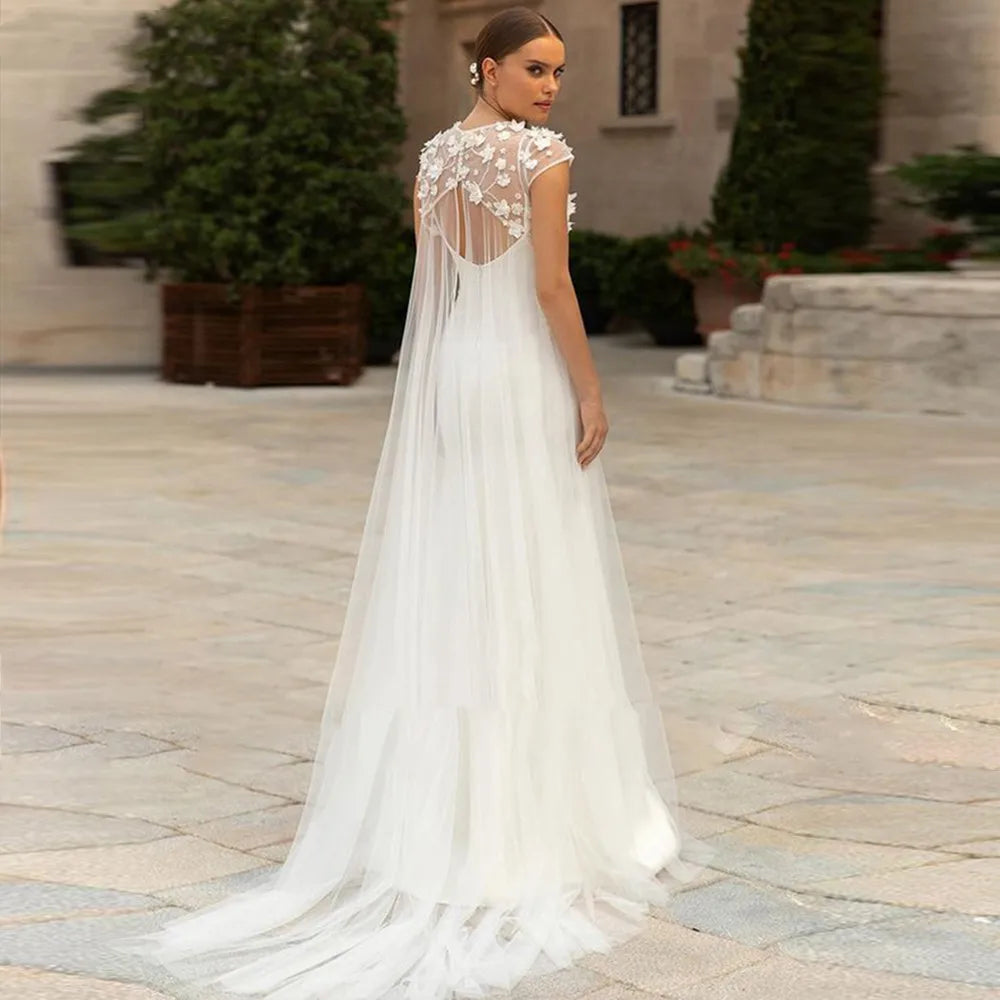O-neck cap sleeve wedding dress 3D flowers tulle overskirt satin sweetheart bride cut-out back bridal gown