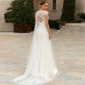 3D flowers tulle overskirt satin sweetheart O-neck cap sleeve cut-out back wedding dress bridal gown ivory