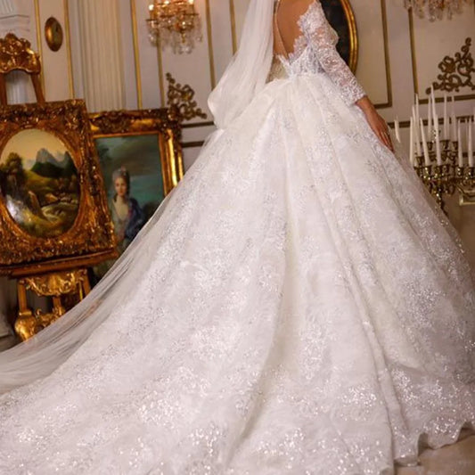 Sexy Shiny Exquisite V Neck Ball Gown For Women Applique Three Quarter Wedding Dress Sparkly Crystal Backless Beads Bridal Gowns