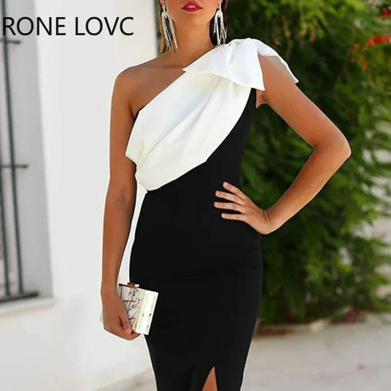 Gradient one shoulder elegant folds high slit sashes sexy women party dress side view