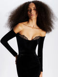 Off-shoulder black velvet long sleeves lace patchwork sexy bodycon elegant evening party dress ivory