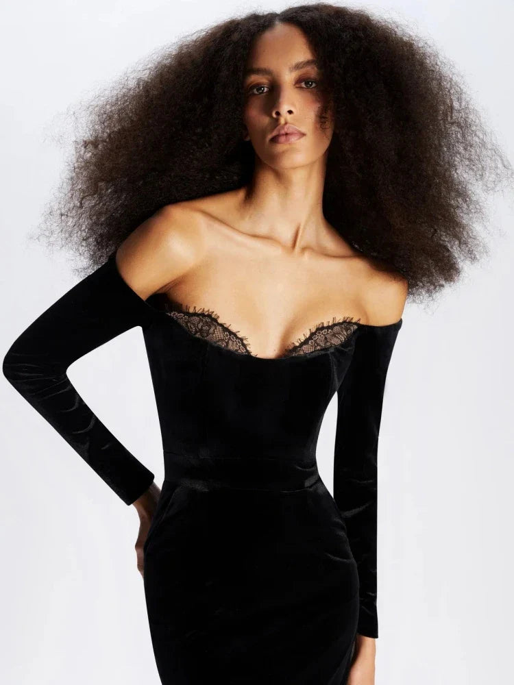 Off-shoulder black velvet long sleeves lace patchwork sexy bodycon elegant evening party dress ivory