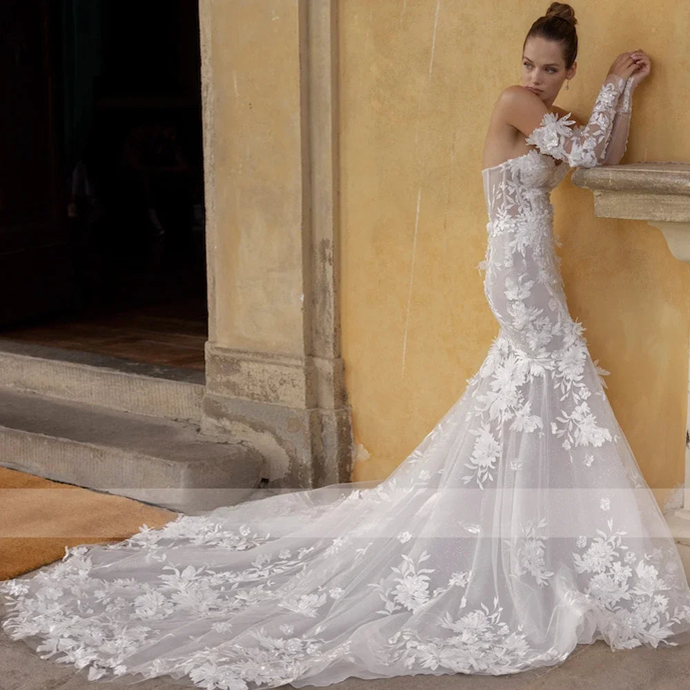Long sleeve sweetheart mermaid lace bohemian elegant bridal gown side view