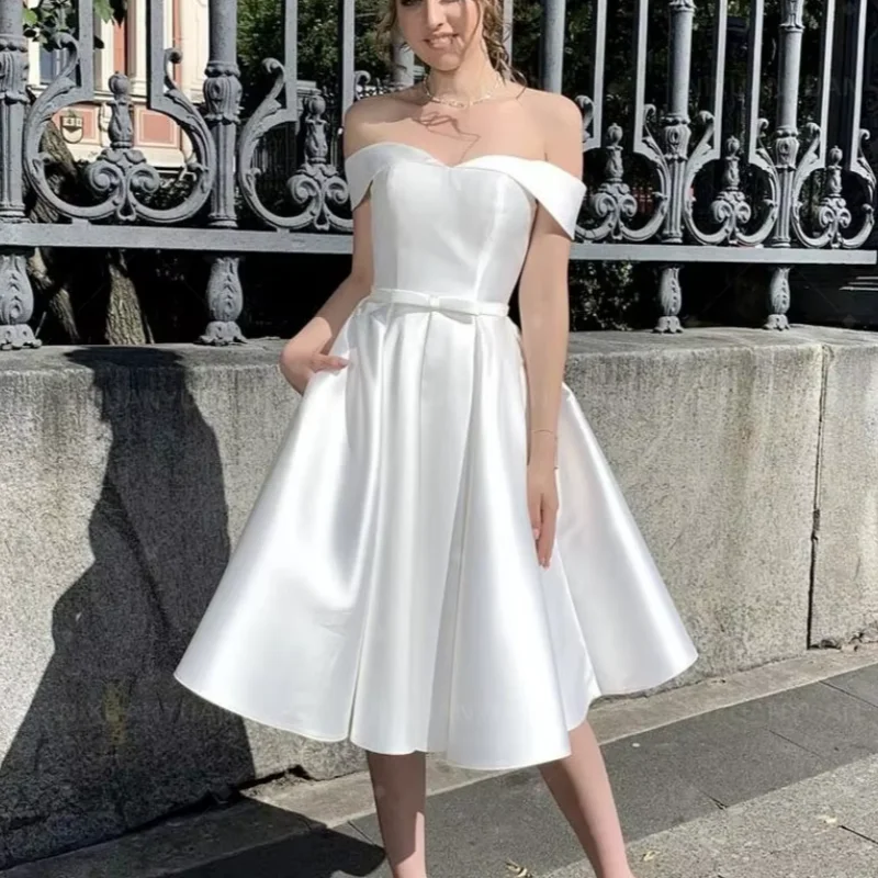 Simple Short Wedding Dress Satin Ivory A-line Wedding Gown Custom Made Corset Bridal Dress