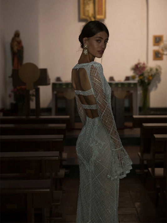 Illusion Straight Wedding Dresses Lace Appliques Sequins Bridal Gown Romantic Floor-length Bride Dresses Vestidos De Novia