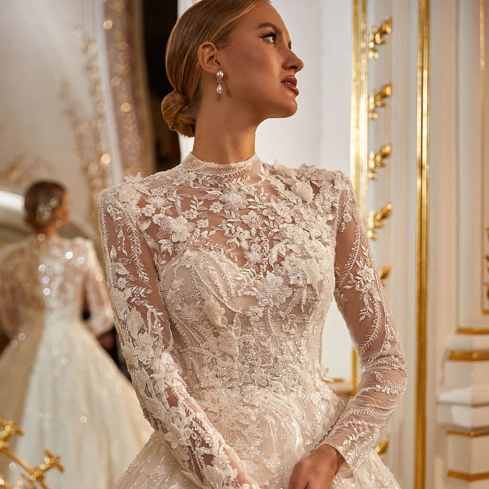 Modest High Collar Bridal Dress Sparkly Sequins Beads Wedding Gown Luxury Appliques A-line Long Bride Robe Vestido De Novia